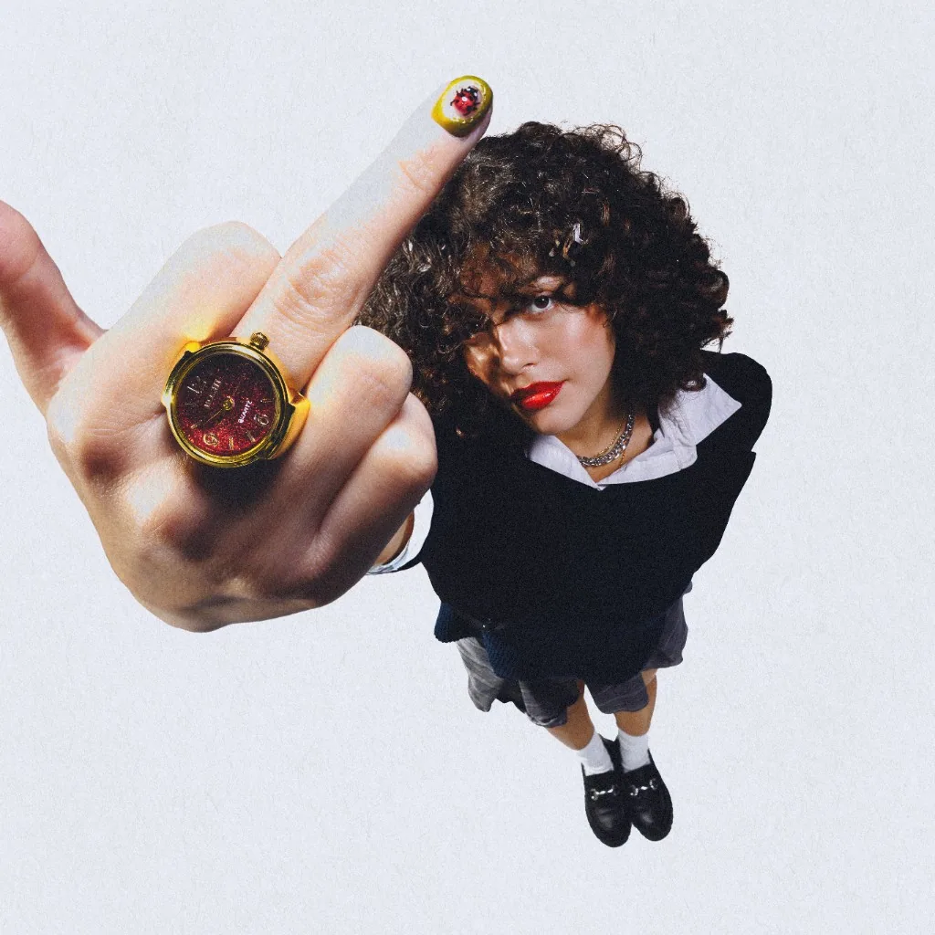 Stylized overhead portrait in a school-inspired outfit on a light background.